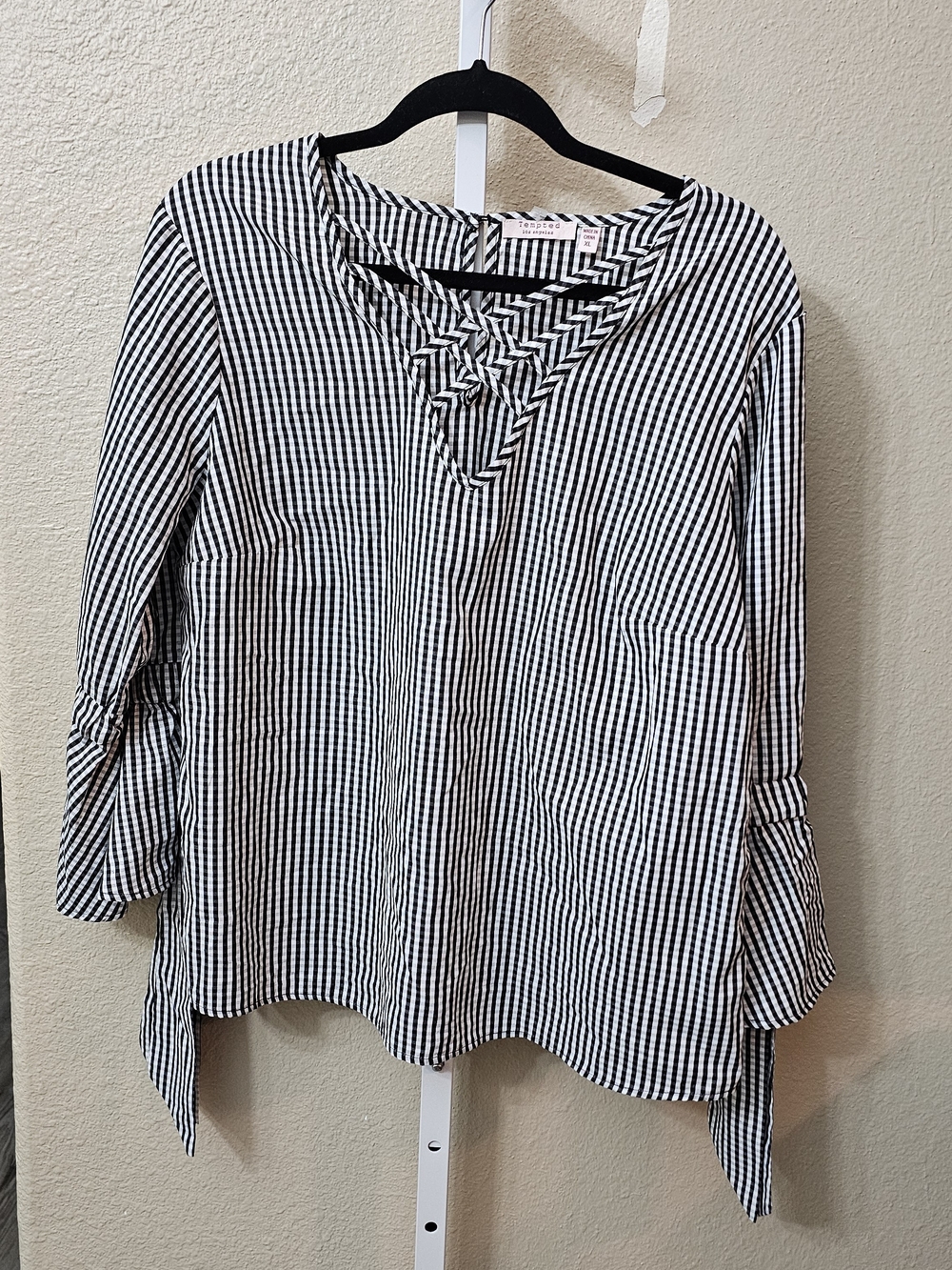 Tempted Black & White Striped Lace-Up V-Neck Blouse